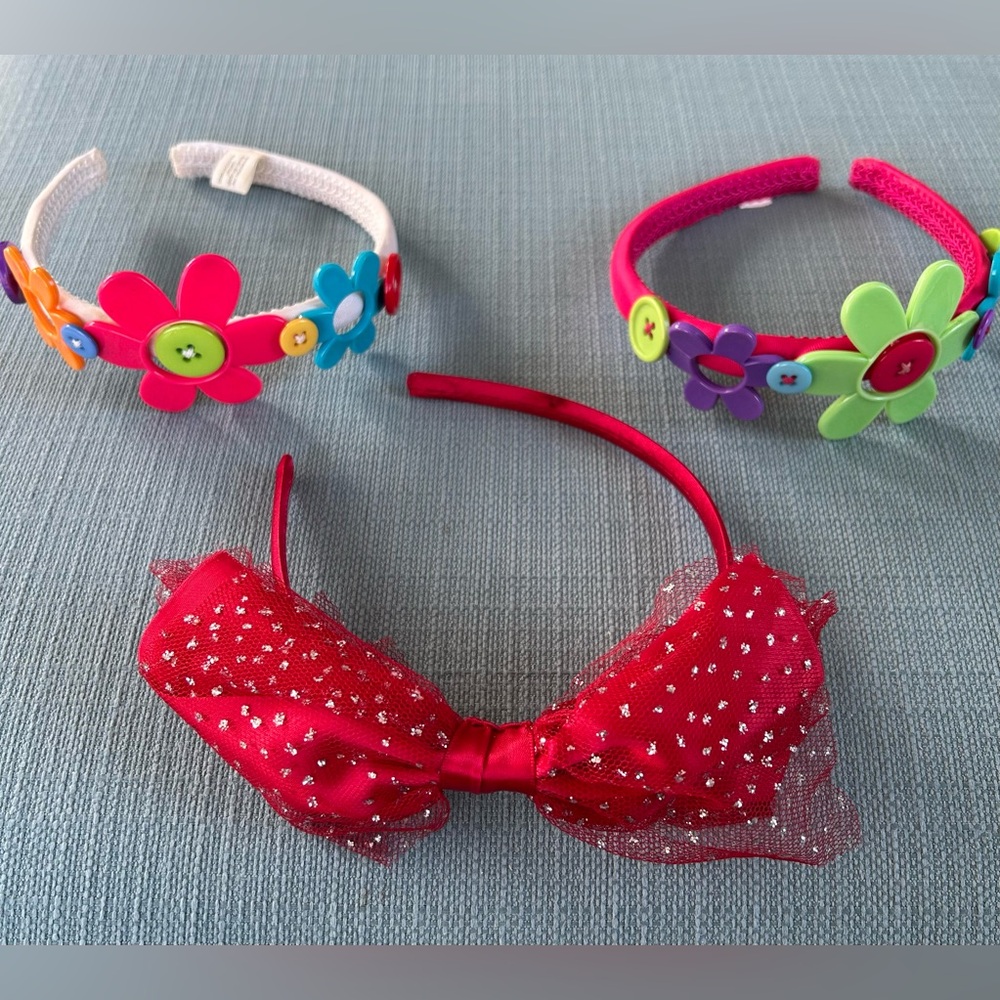 Vibrant Floral and Red Bow Kids Headband Trio